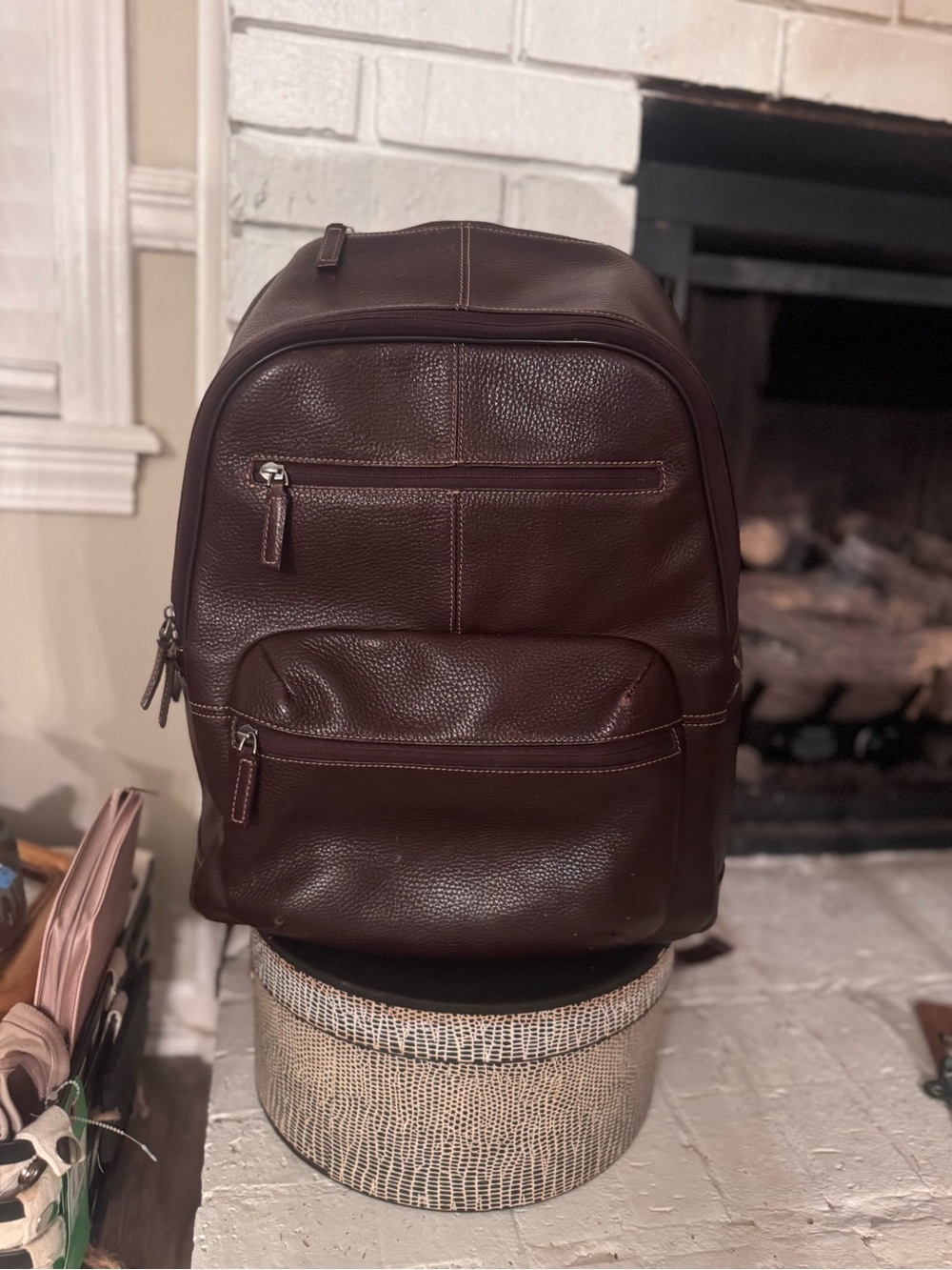 Boconi Men's Pebbled Leather Backpack in Deep Brown